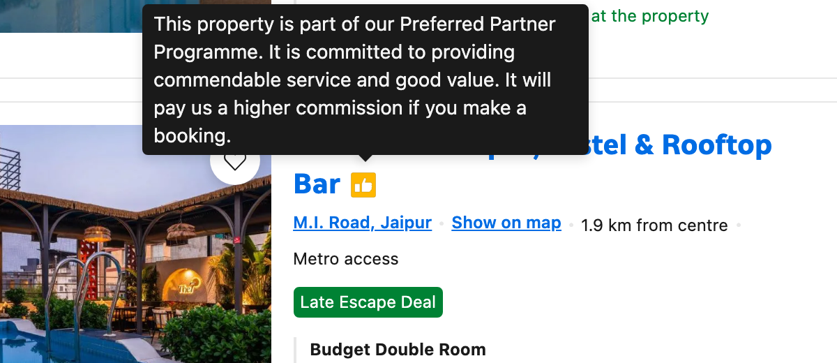 Booking.com tooltip reading: This property is part of our Preferred Partner Programme. It is committed to providing commendable service and good value. It will pay us a higher commission if you make a booking.