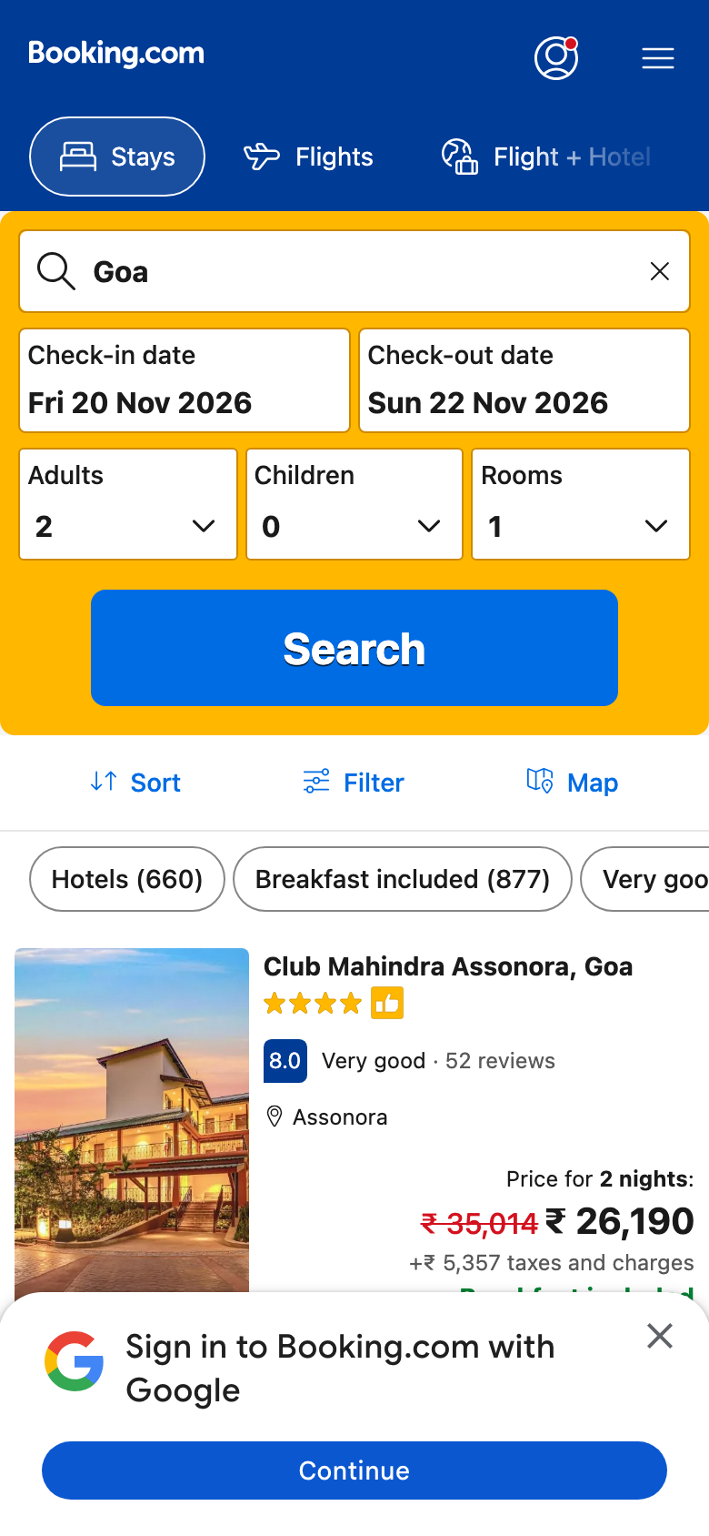 Booking.com mobile results for Goa: search form, filters, the top of one listing and a Google sign-in sheet