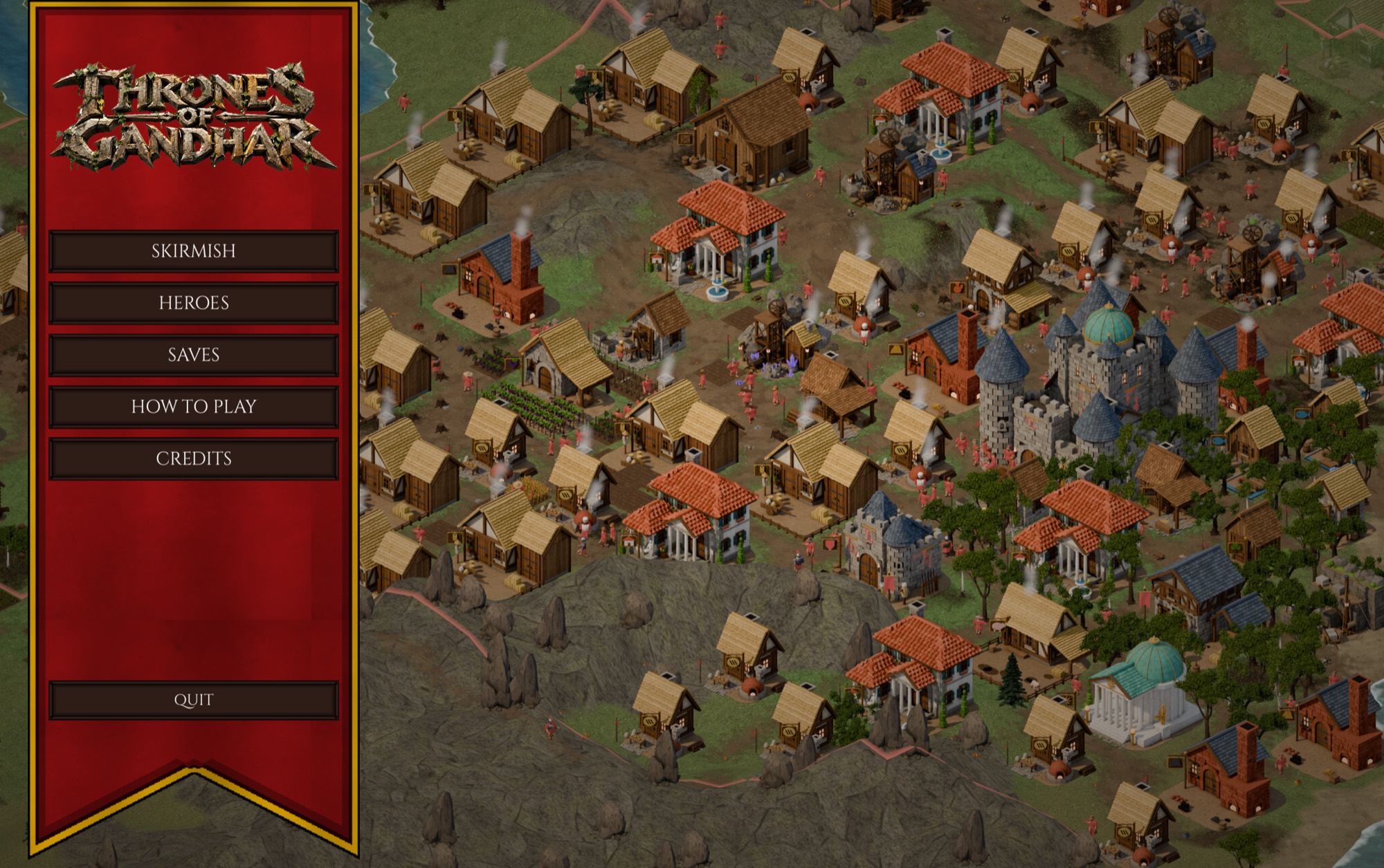 The title screen with the Thrones of Gandhar logo on a red banner