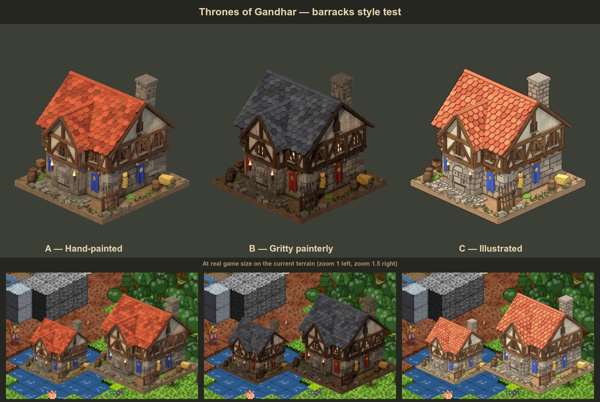 The barracks rendered in three styles: hand-painted, gritty painterly and illustrated