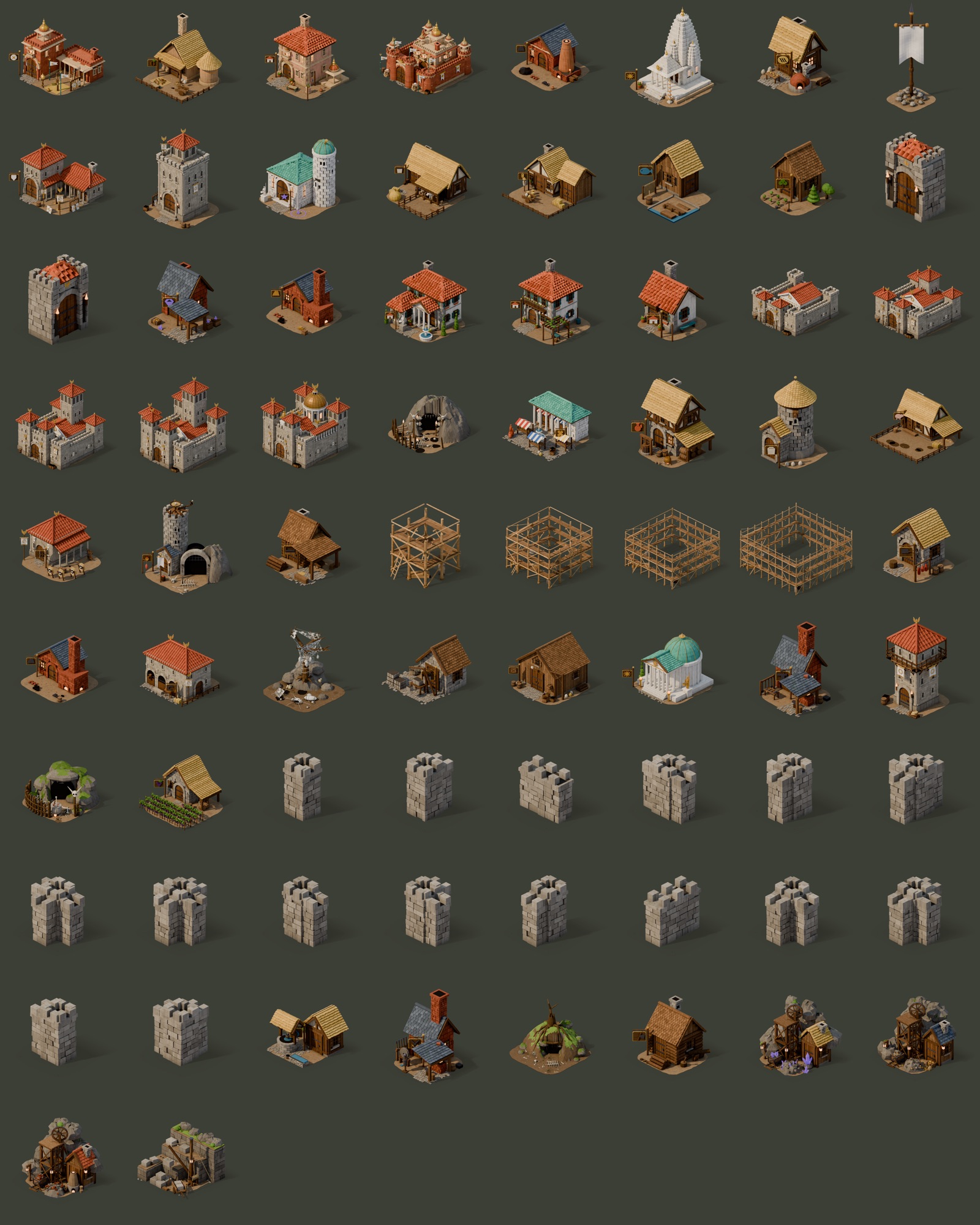 Contact sheet of every building in the Thrones of Gandhar set
