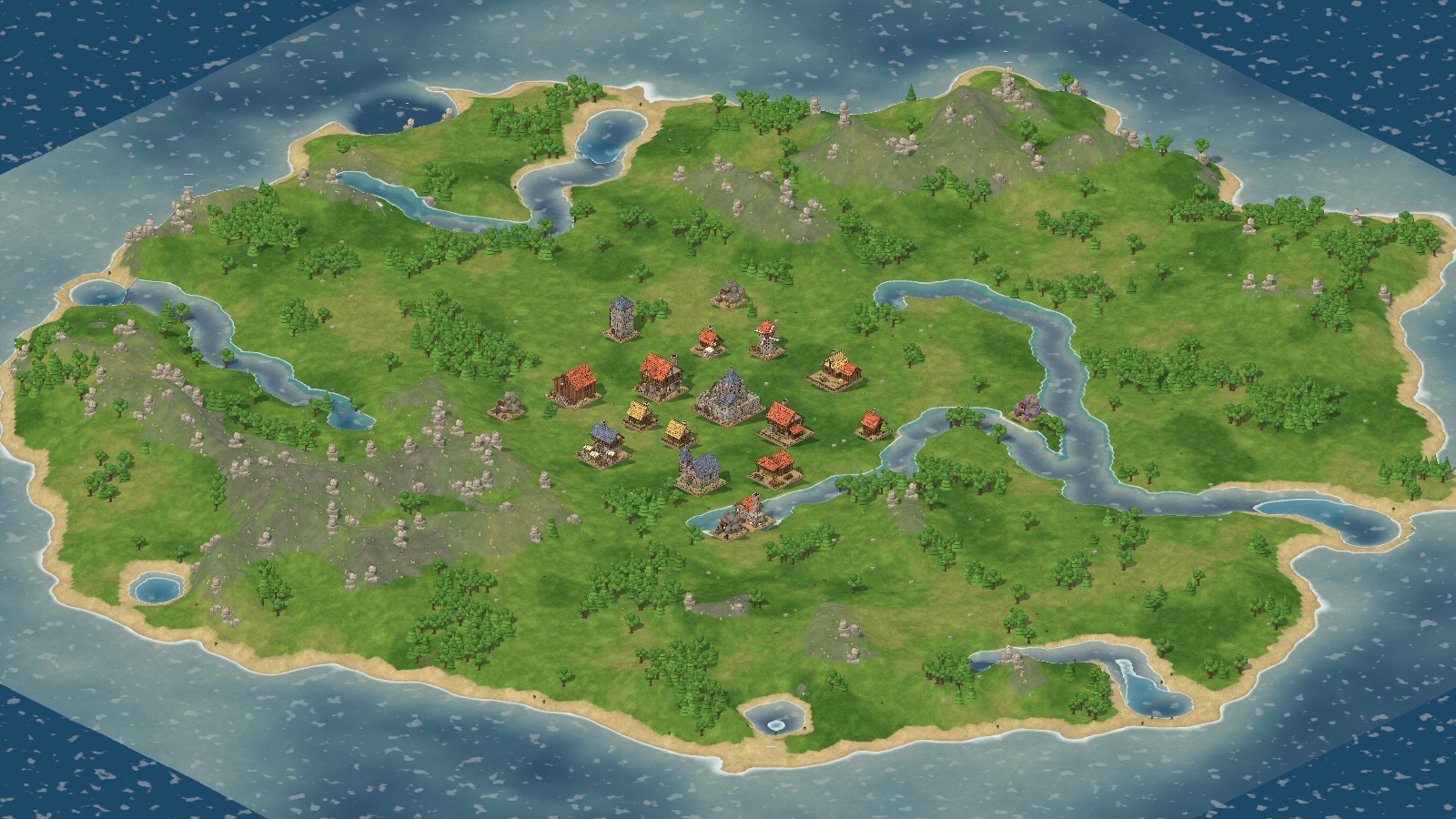 A whole generated island seen from above, with rivers and a small town