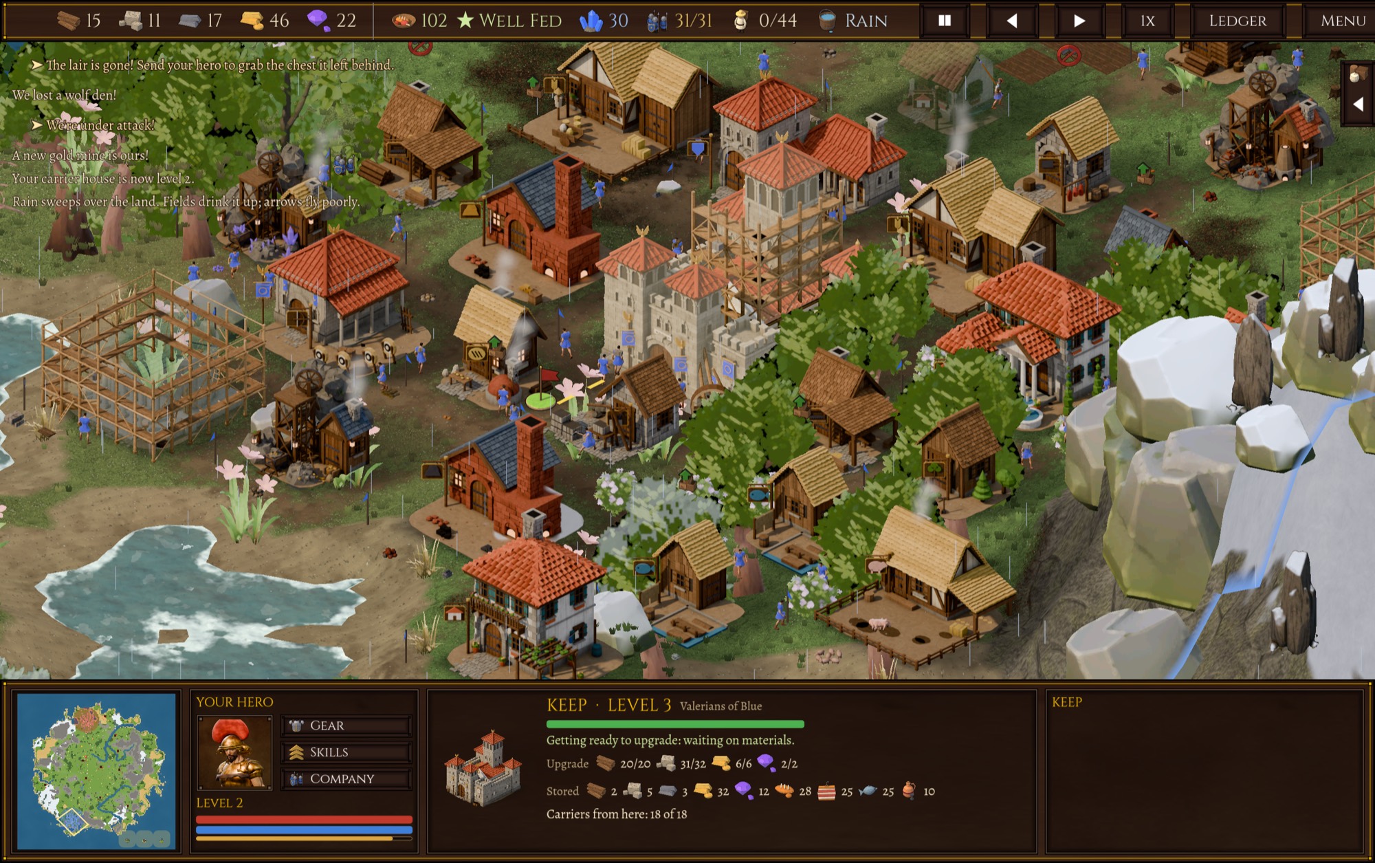 In-game screenshot of a Valerian town with the full interface