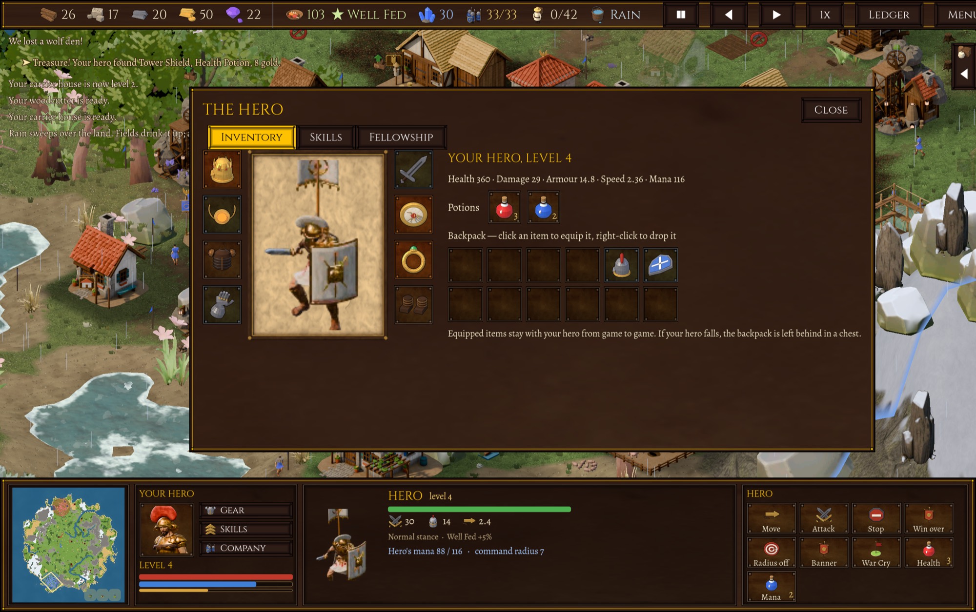 The hero window with a paper doll inventory, potions and backpack
