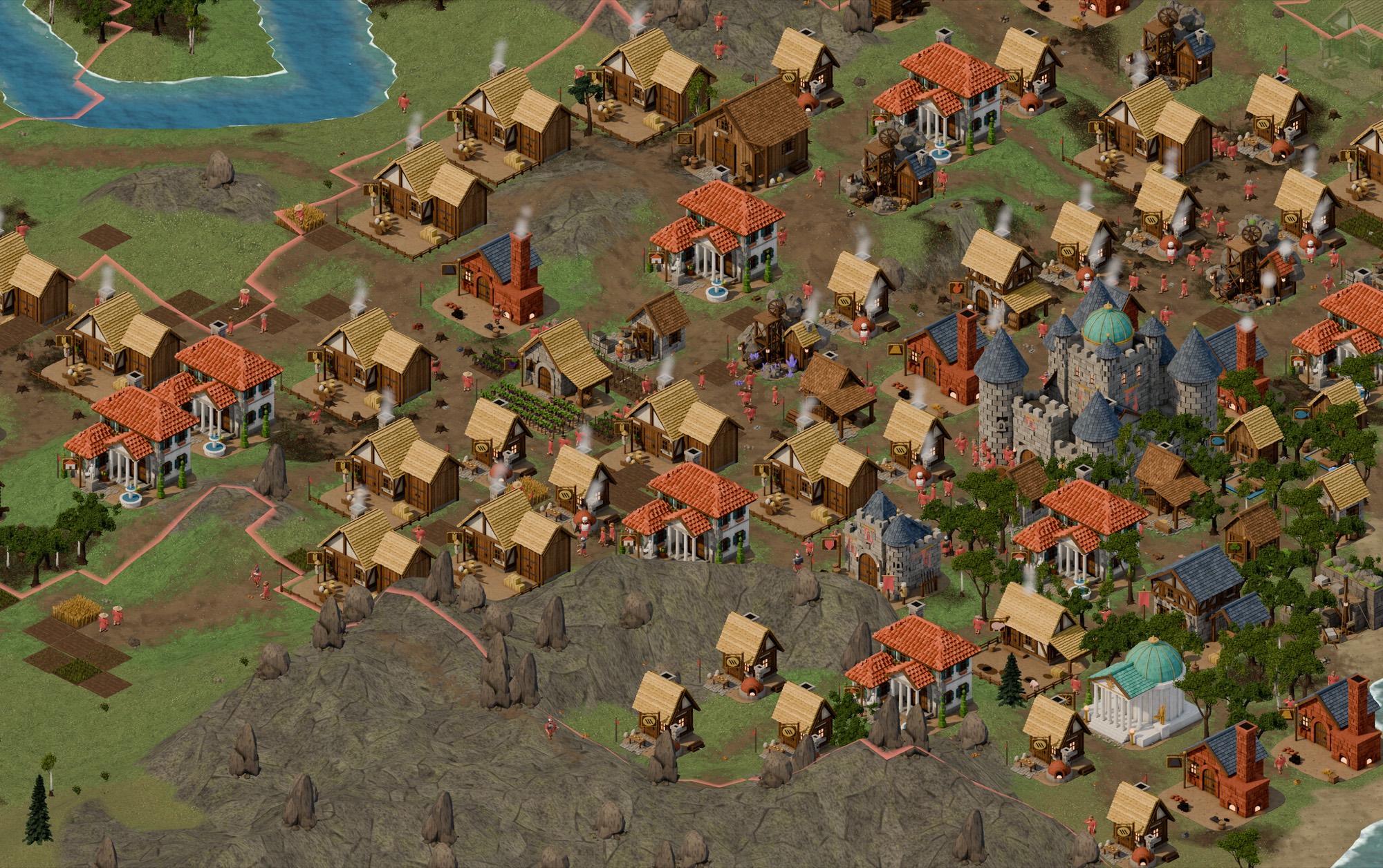 A large, busy town with smoke rising from chimneys and people everywhere