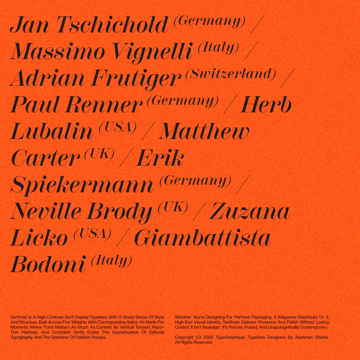 Serifman poster on orange listing great type designers and their countries