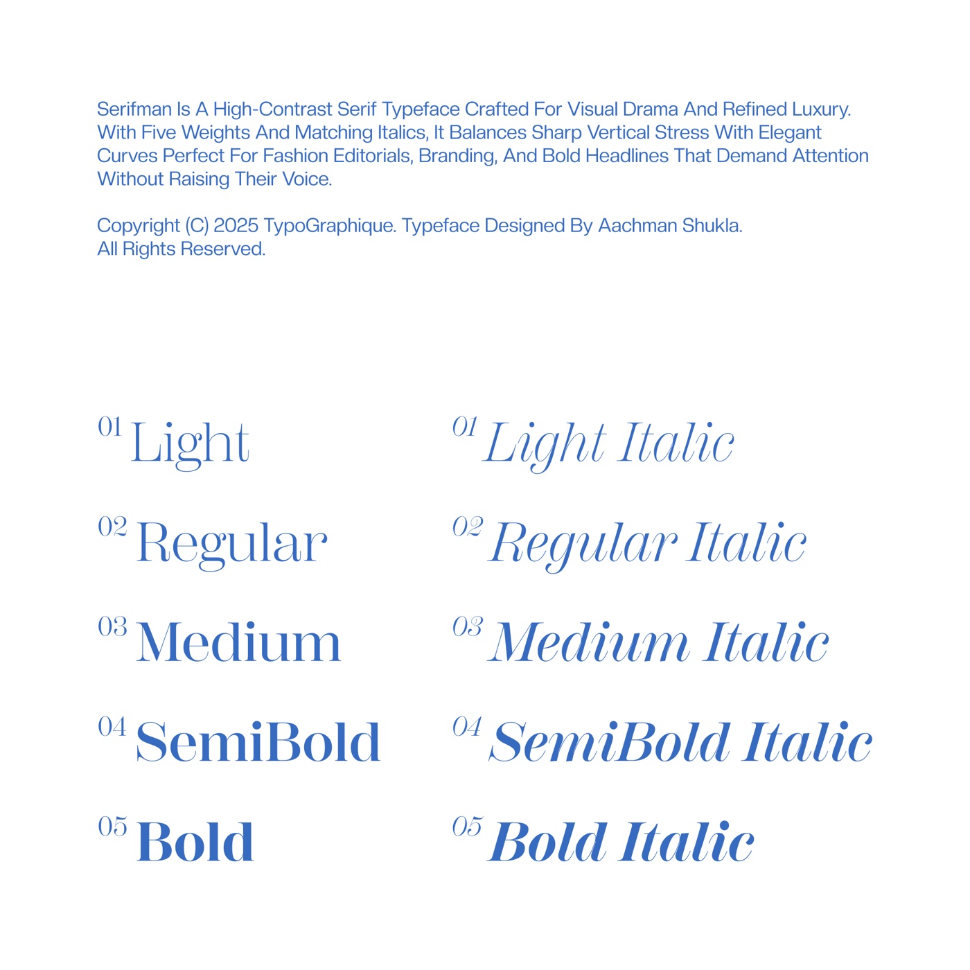Serifman poster showing all five weights and their italics